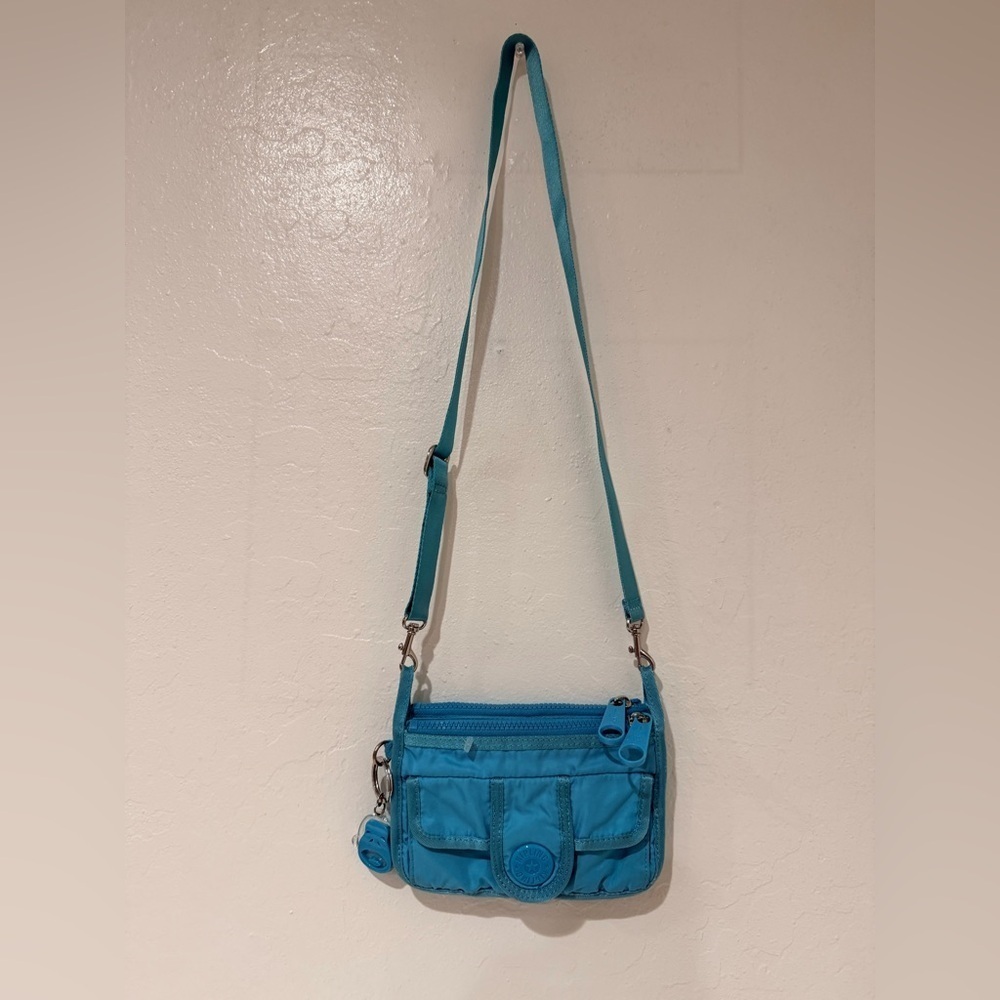 Kipling Aqua Blue Nylon Crossbody Bag Purse w/ Monkey Keychain Charm